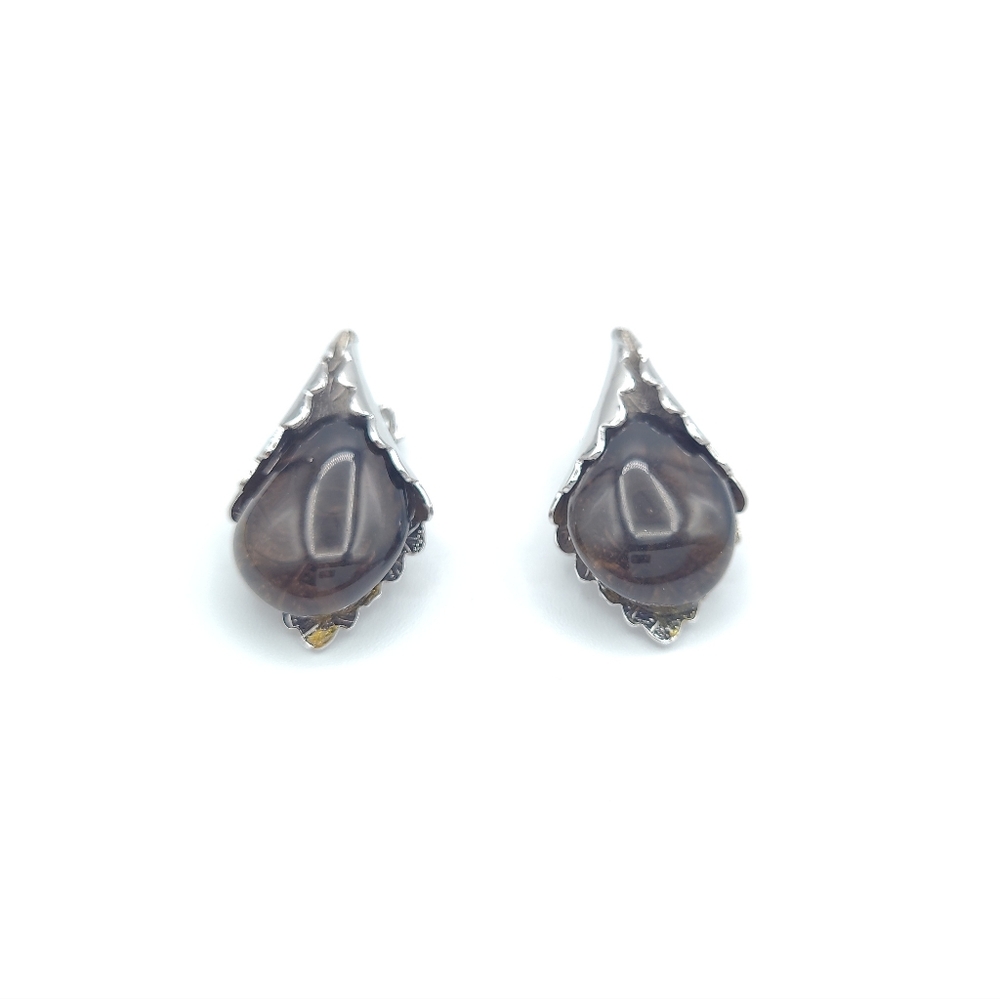 Vintage Smoky Brown Teardrop Clip On Earrings
